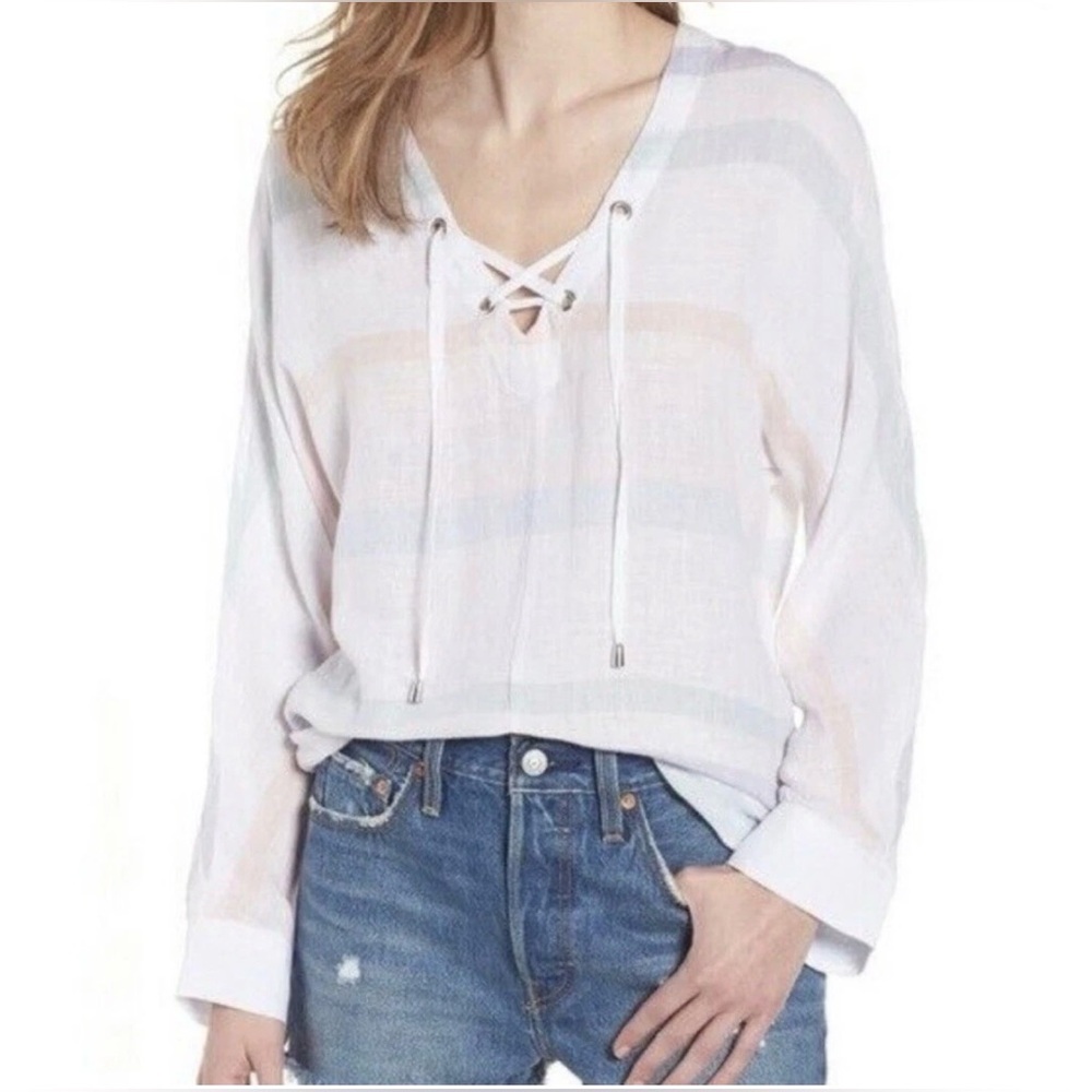 Rails Linen Blend Pastel Stripe Lace Up Tunic Blouse Size L